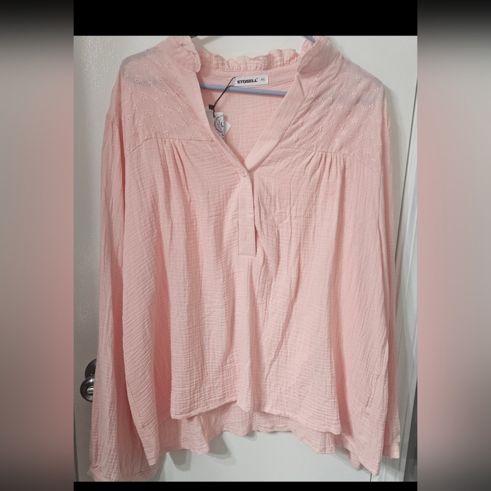 Light Pink Women's 2xl V- neck Long Sleeve Blouse